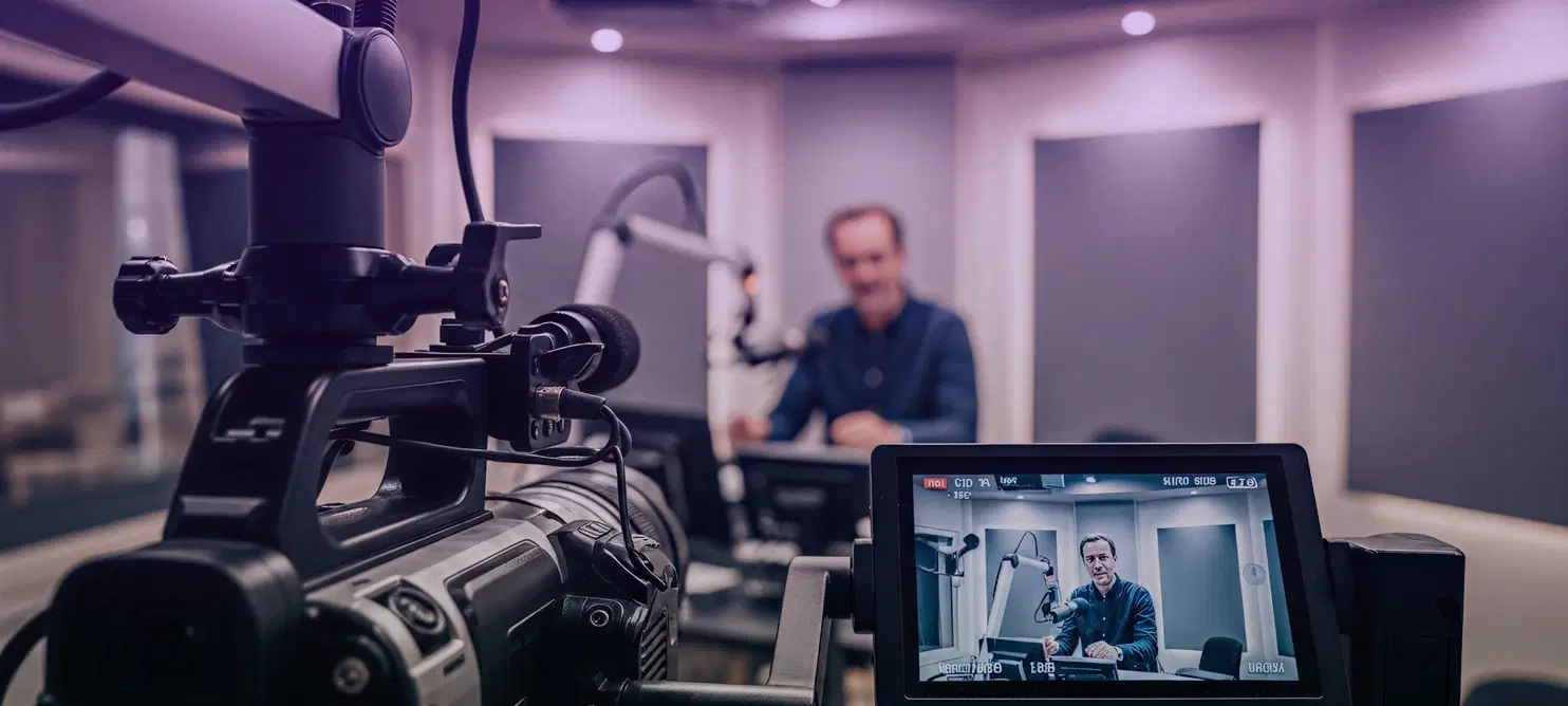 Podcast production setup with microphones and mixer